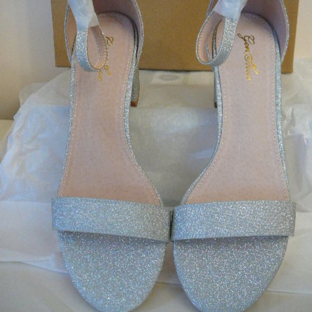 GENSHUO Silver Glitter Open Toe Ankle Strap Chunky 2.25" Heeled Sandals-Size 7